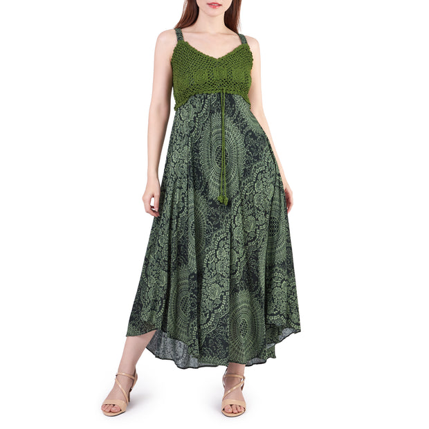 Long Summer Dress with Crochet Top - Green