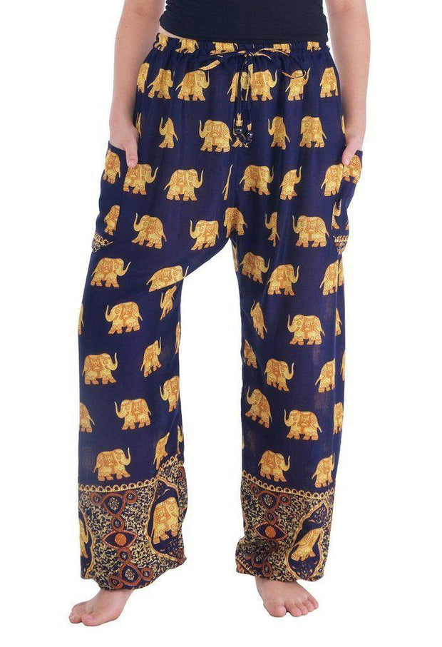 Gold Elephant Drawstring Pants-Drawstring-Lannaclothesdesign Shop-Small-Dark Blue-Lannaclothesdesign Shop