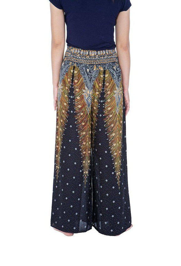 Wide Leg Pants with Peacock Design-Wide Leg-Lannaclothesdesign Shop-Lannaclothesdesign Shop