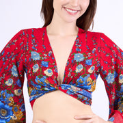 Flower Women Boho Wrap Top - Casual Shirt - Red