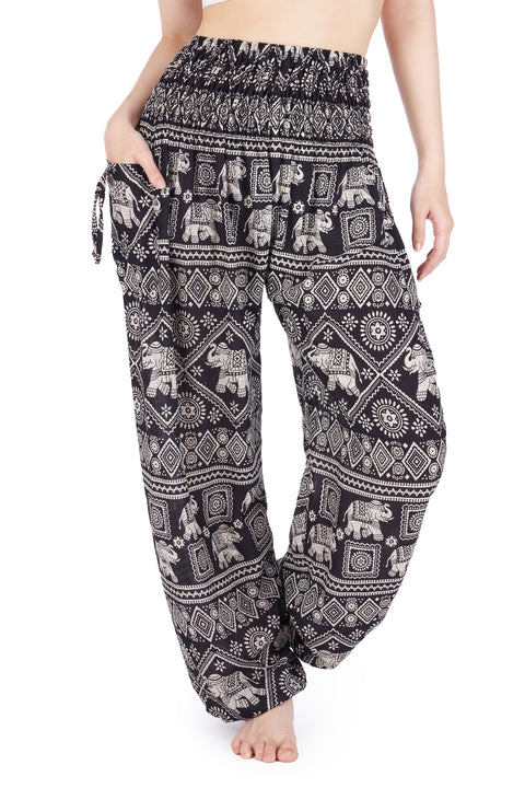 Black Elephant Stamp Harem Pants