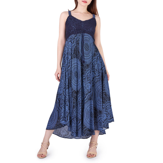 Long Summer Dress with Crochet Top - Dark Blue