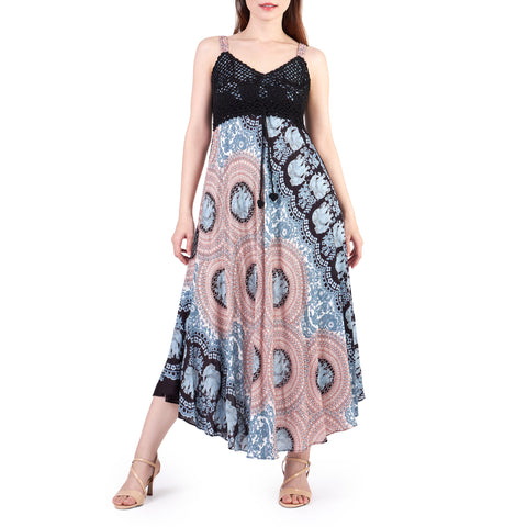 Long Summer Elephant Rose Dress with Crochet Top - Black White