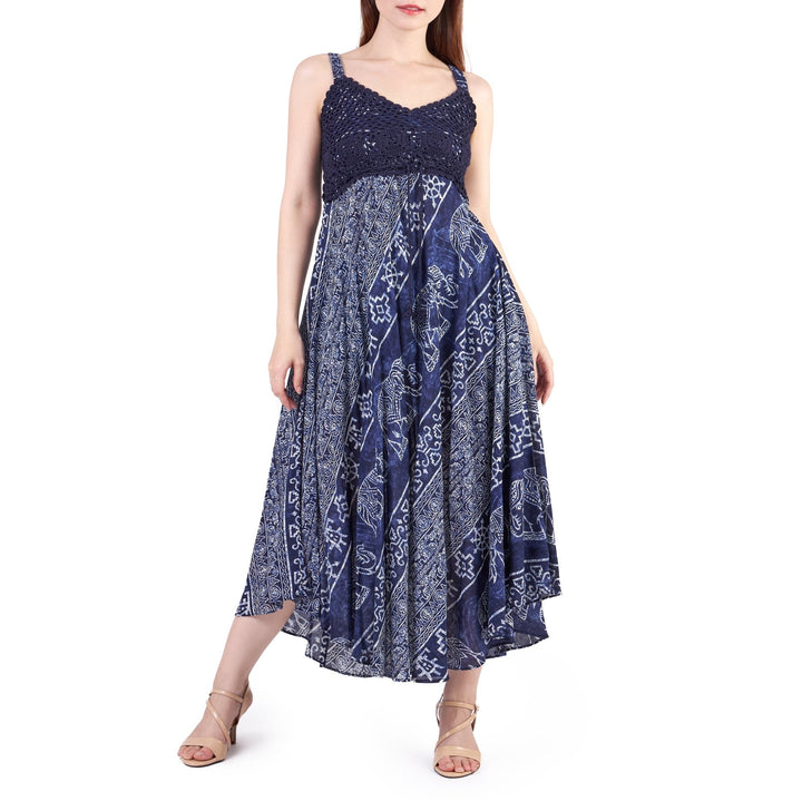 Long Summer Elephant Dress with Crochet Top - Dark Blue - Lannaclothesdesign Shop