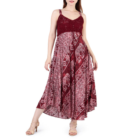 Long Summer Elephant Dress with Crochet Top - Burgundy