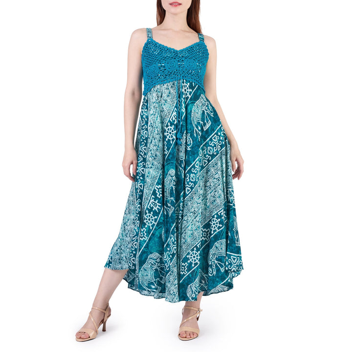 Long Summer Elephant Dress with Crochet Top - Teal - Lannaclothesdesign Shop