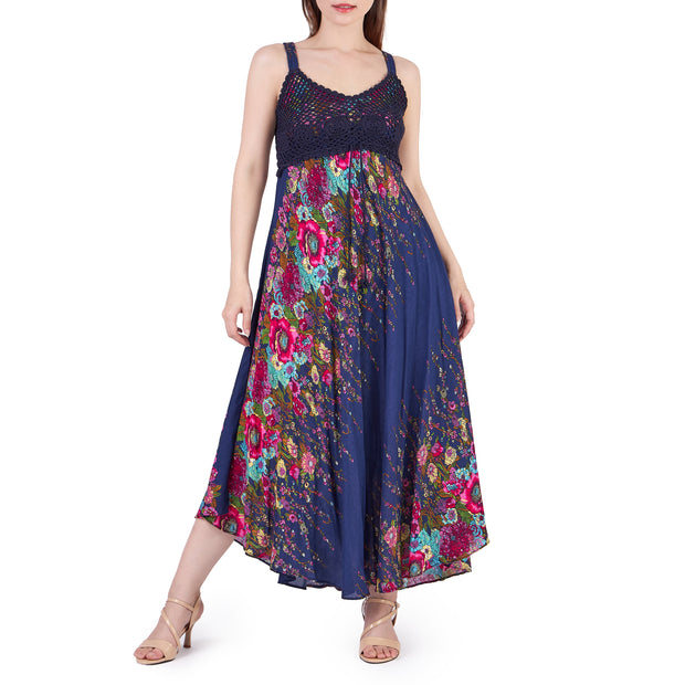 Long Summer Flower Dress with Crochet Top - Dark Blue