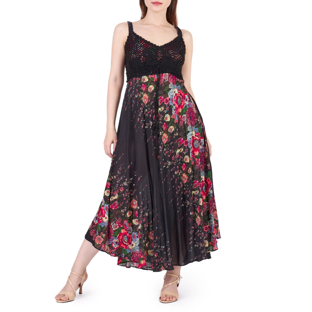 Long Summer Flower Dress with Crochet Top - Black - Lannaclothesdesign Shop