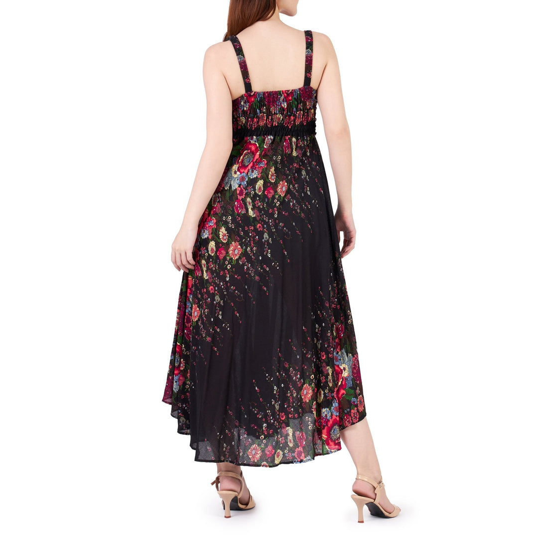 Long Summer Flower Dress with Crochet Top - Black - Lannaclothesdesign Shop