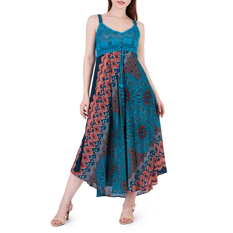 Long Summer Flower Mandala Dress with Crochet Top - Teal