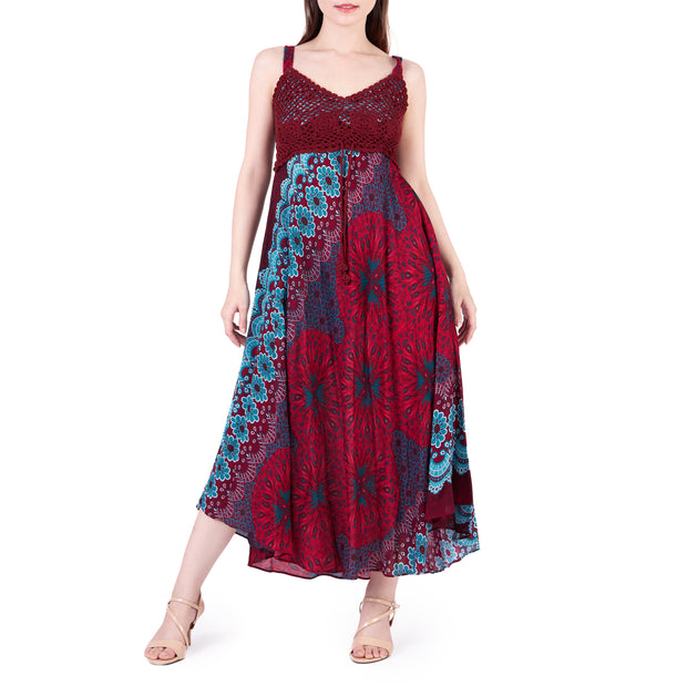 Long Summer Flower Mandala Dress with Crochet Top - Burgundy