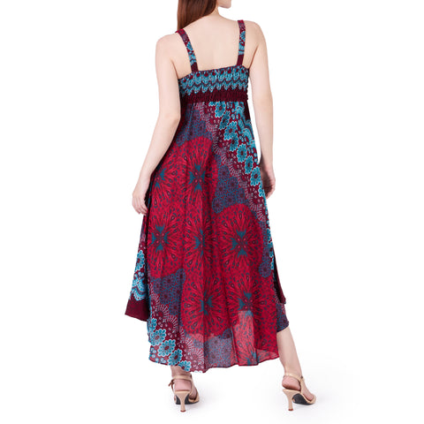 Long Summer Flower Mandala Dress with Crochet Top - Burgundy