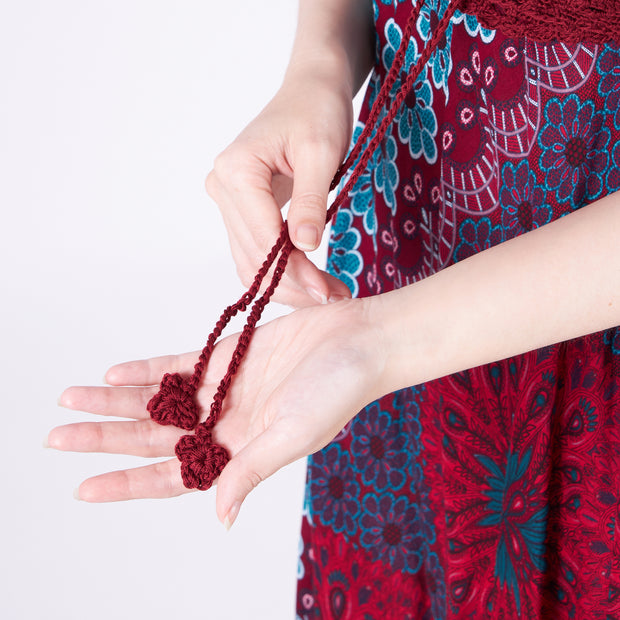 Long Summer Flower Mandala Dress with Crochet Top - Burgundy
