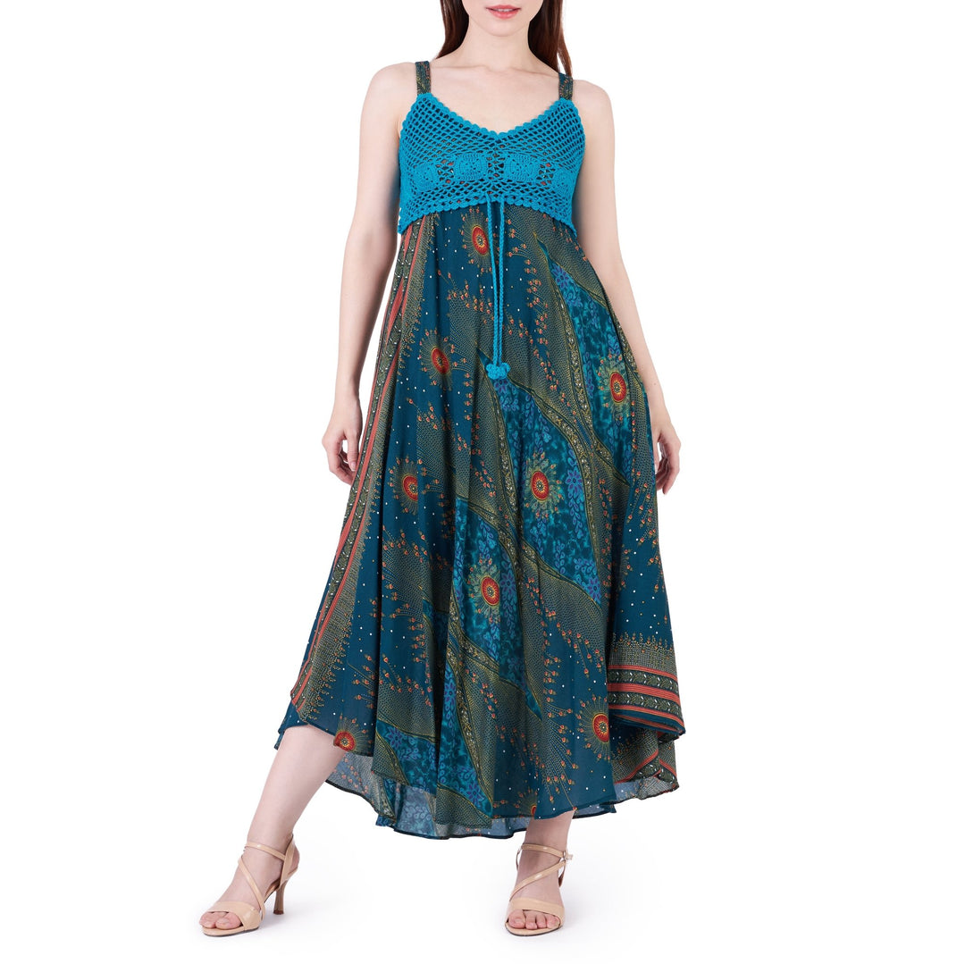 Long Summer Flower Eye Dress with Crochet Top - Teal - Lannaclothesdesign Shop