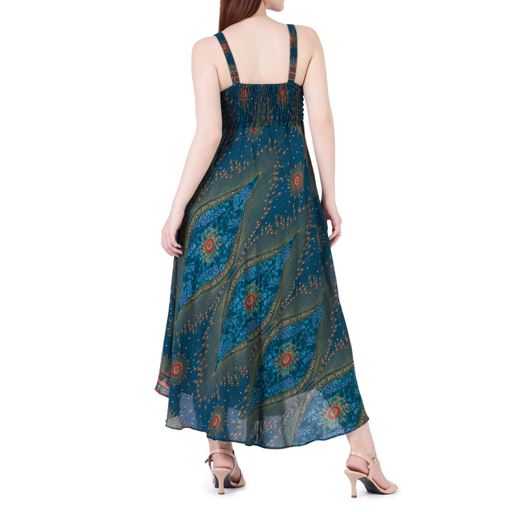 Long Summer Flower Eye Dress with Crochet Top - Teal - Lannaclothesdesign Shop