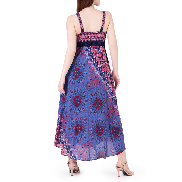 Long Summer Flower Mandala Dress with Crochet Top - Dark Blue