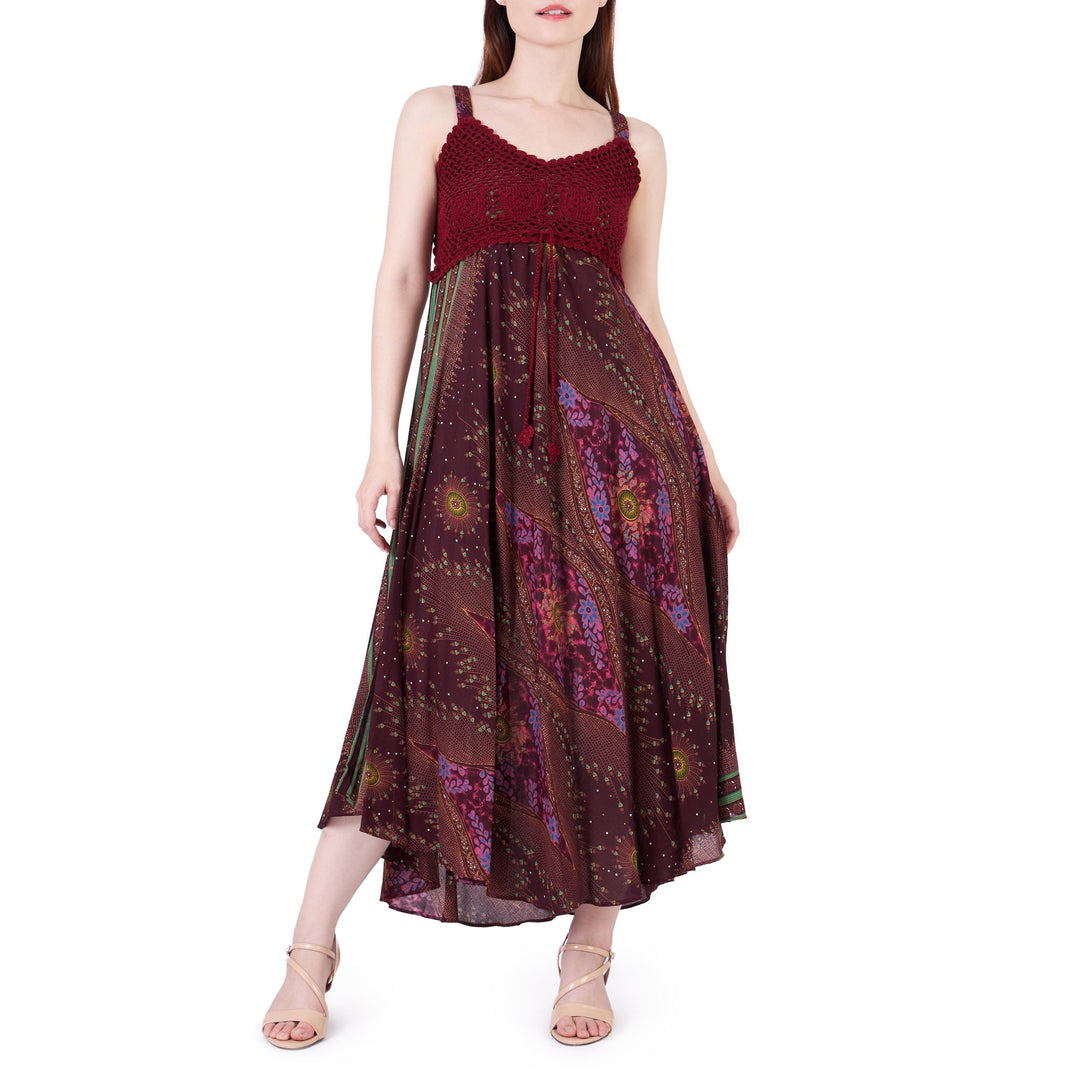 Long Summer Flower Eye Dress with Crochet Top - Burgundy - Lannaclothesdesign Shop