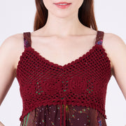 Long Summer Flower Eye Dress with Crochet Top - Burgundy