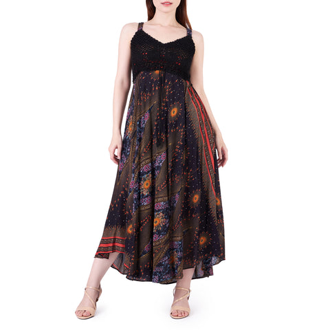 Long Summer Flower Eye Dress with Crochet Top - Black