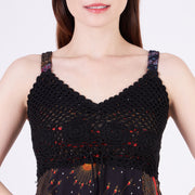 Long Summer Flower Eye Dress with Crochet Top - Black