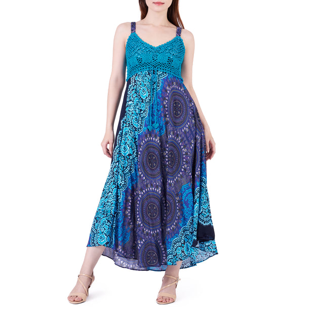 Long Summer Rose Circle Dress with Crochet Top - Blue
