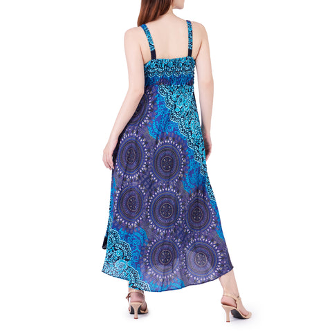 Long Summer Rose Circle Dress with Crochet Top - Blue