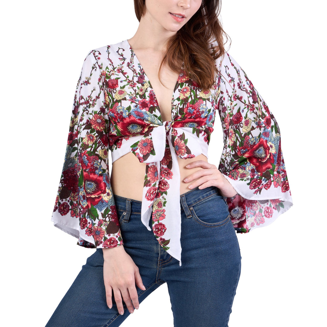 Flower Women Boho Wrap Top - Casual Shirt - White - Lannaclothesdesign Shop