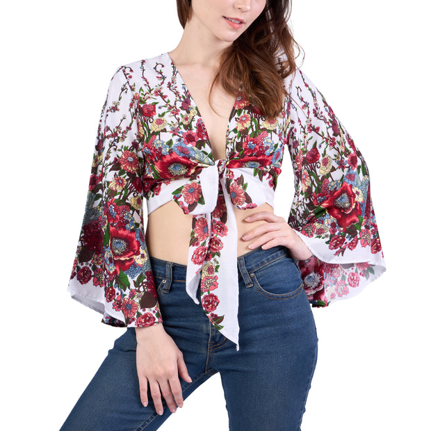 Flower Women Boho Wrap Top - Casual Shirt - White