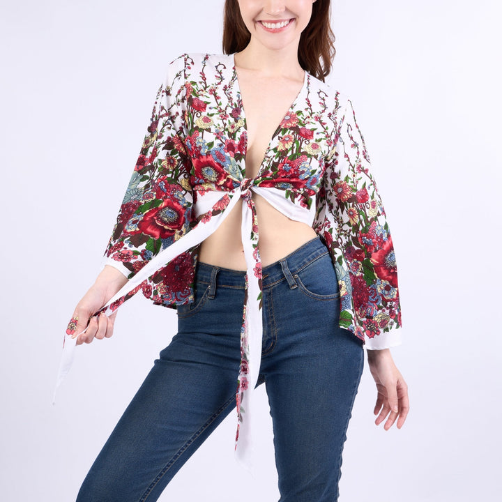 Flower Women Boho Wrap Top - Casual Shirt - White - Lannaclothesdesign Shop
