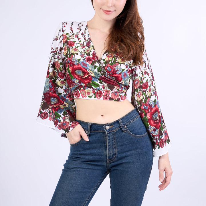 Flower Women Boho Wrap Top - Casual Shirt - White - Lannaclothesdesign Shop