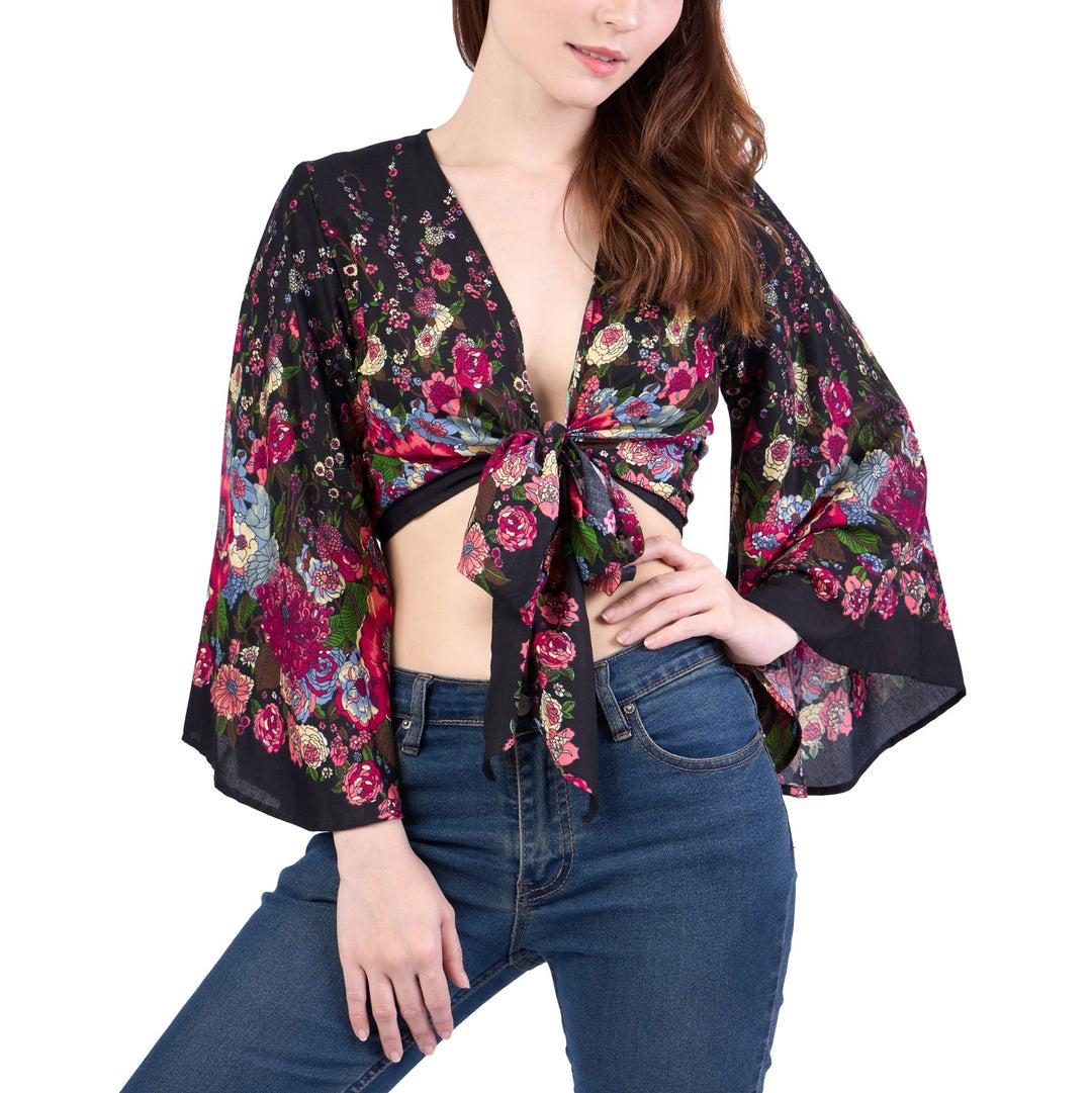 Flower Women Boho Wrap Top - Casual Shirt - Black - Lannaclothesdesign Shop