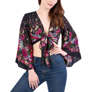 Flower Women Boho Wrap Top - Casual Shirt - Black