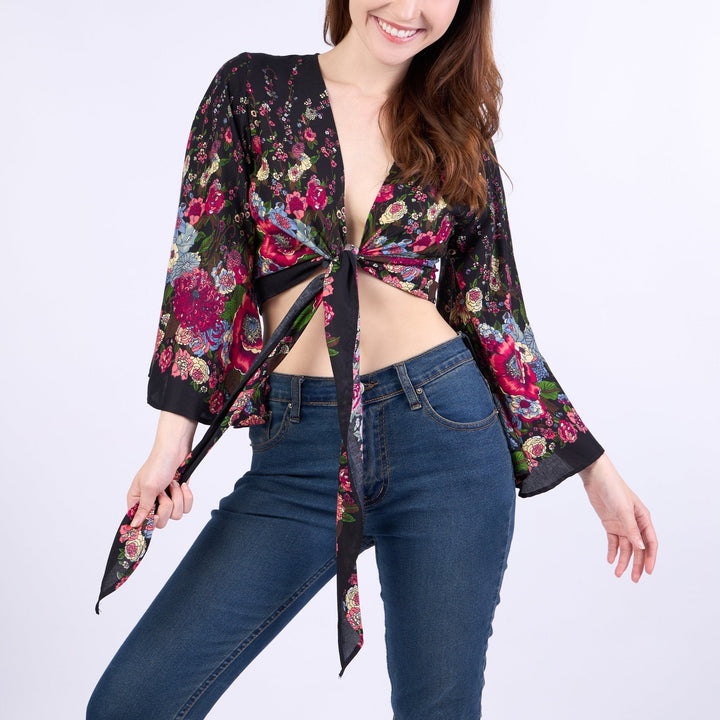 Flower Women Boho Wrap Top - Casual Shirt - Black - Lannaclothesdesign Shop