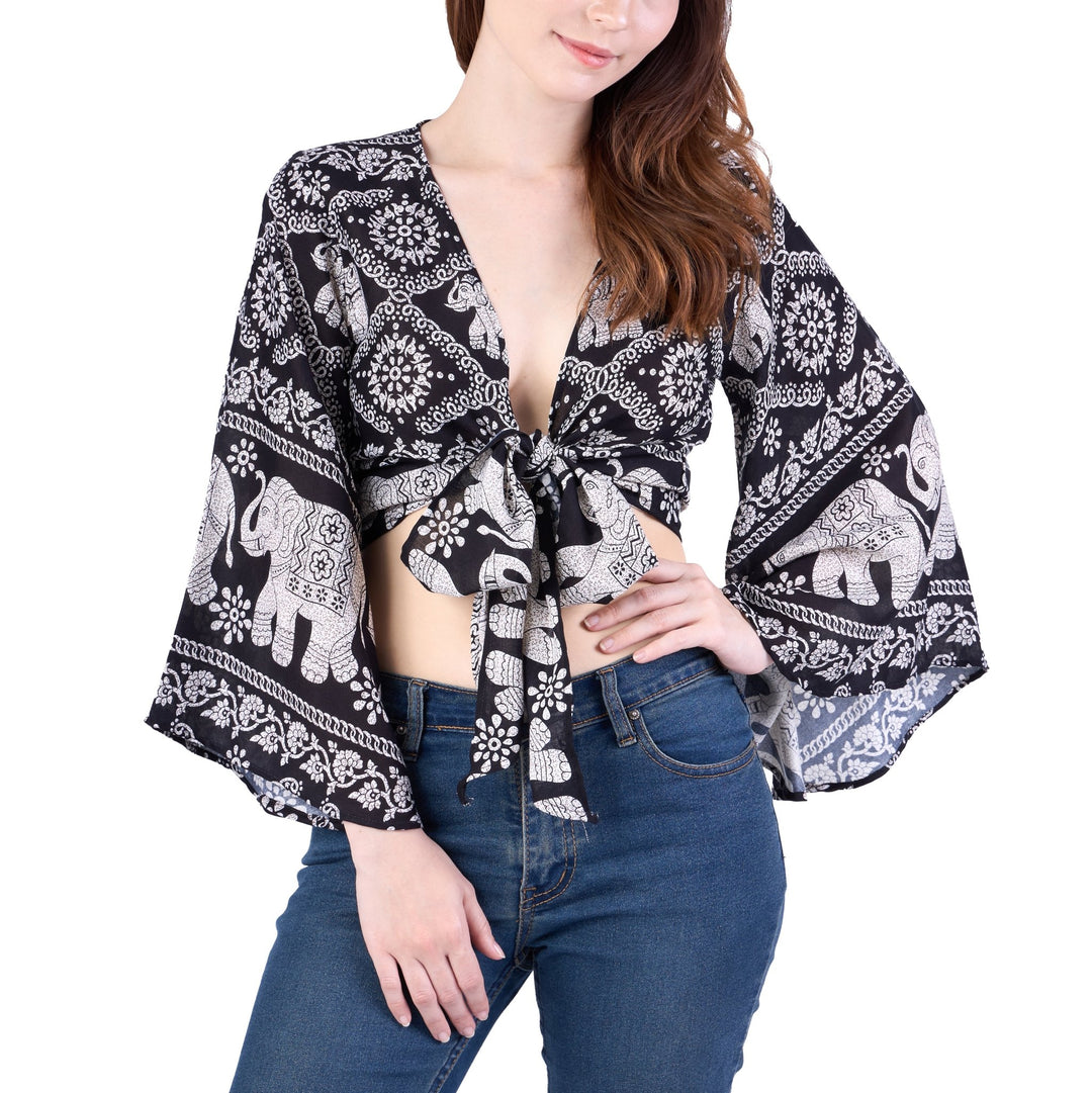 Chain Elephant Women Boho Wrap Top - Casual Shirt - Black - Lannaclothesdesign Shop
