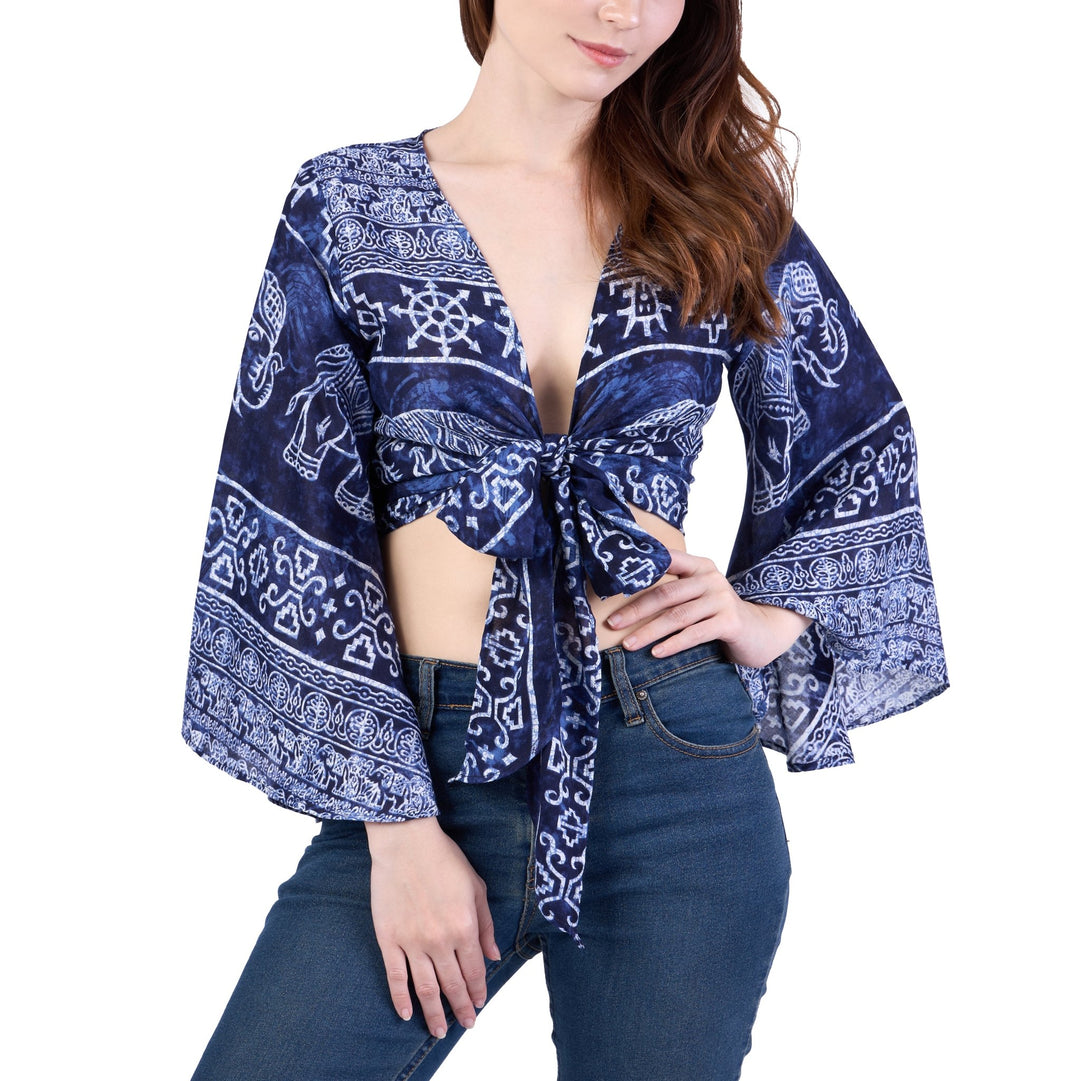 Elephant Women Boho Wrap Top - Casual Shirt - Dark Blue - Lannaclothesdesign Shop