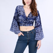 Elephant Women Boho Wrap Top - Casual Shirt - Dark Blue