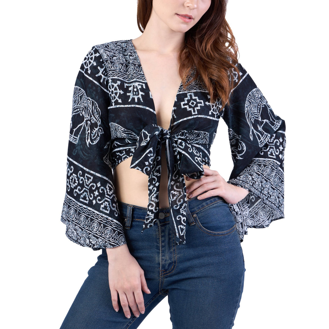 Elephant Women Boho Wrap Top - Casual Shirt - Black - Lannaclothesdesign Shop