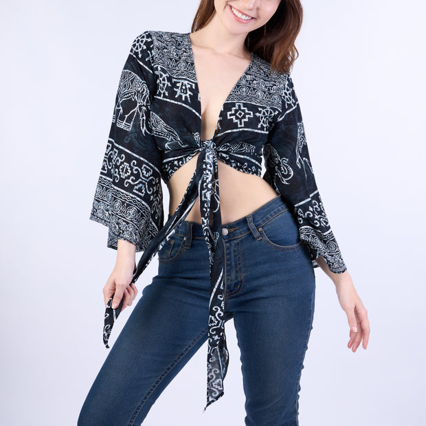 Elephant Women Boho Wrap Top - Casual Shirt - Black