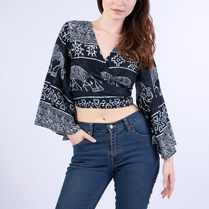 Elephant Women Boho Wrap Top - Casual Shirt - Black - Lannaclothesdesign Shop