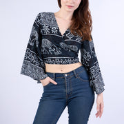 Elephant Women Boho Wrap Top - Casual Shirt - Black