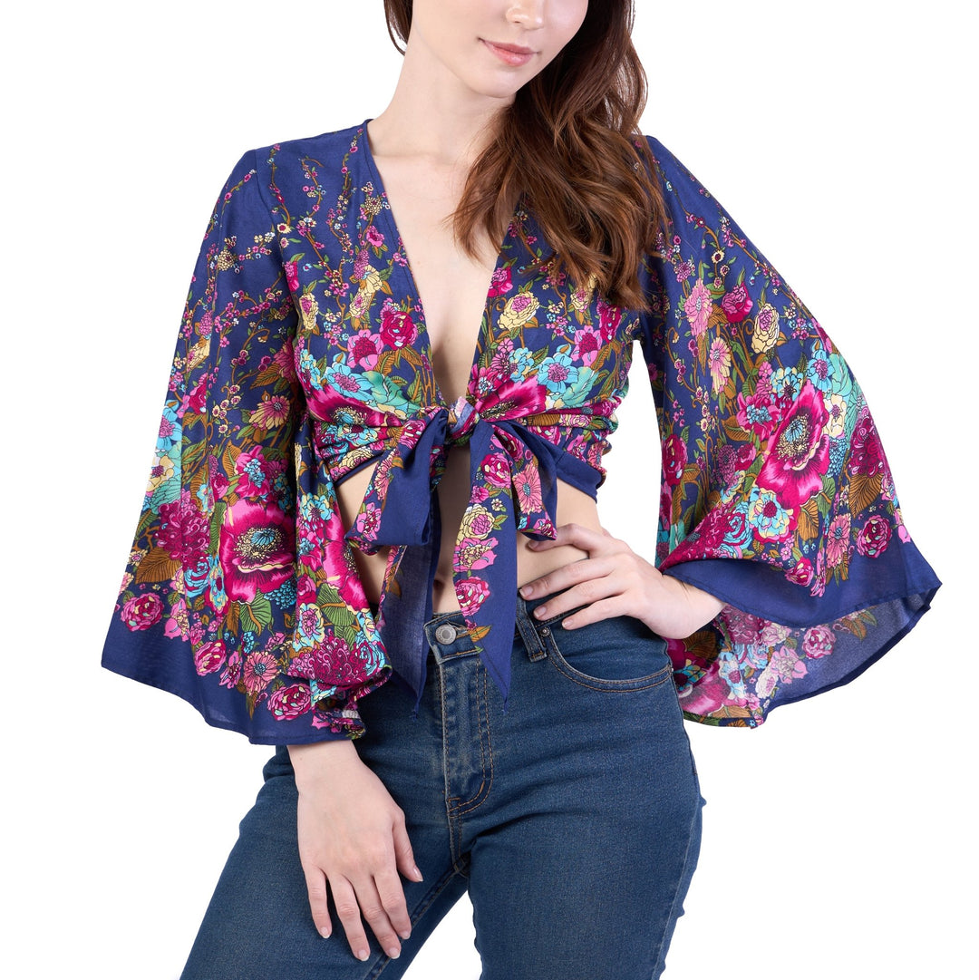 Flower Women Boho Wrap Top - Casual Shirt - Dark Blue - Lannaclothesdesign Shop