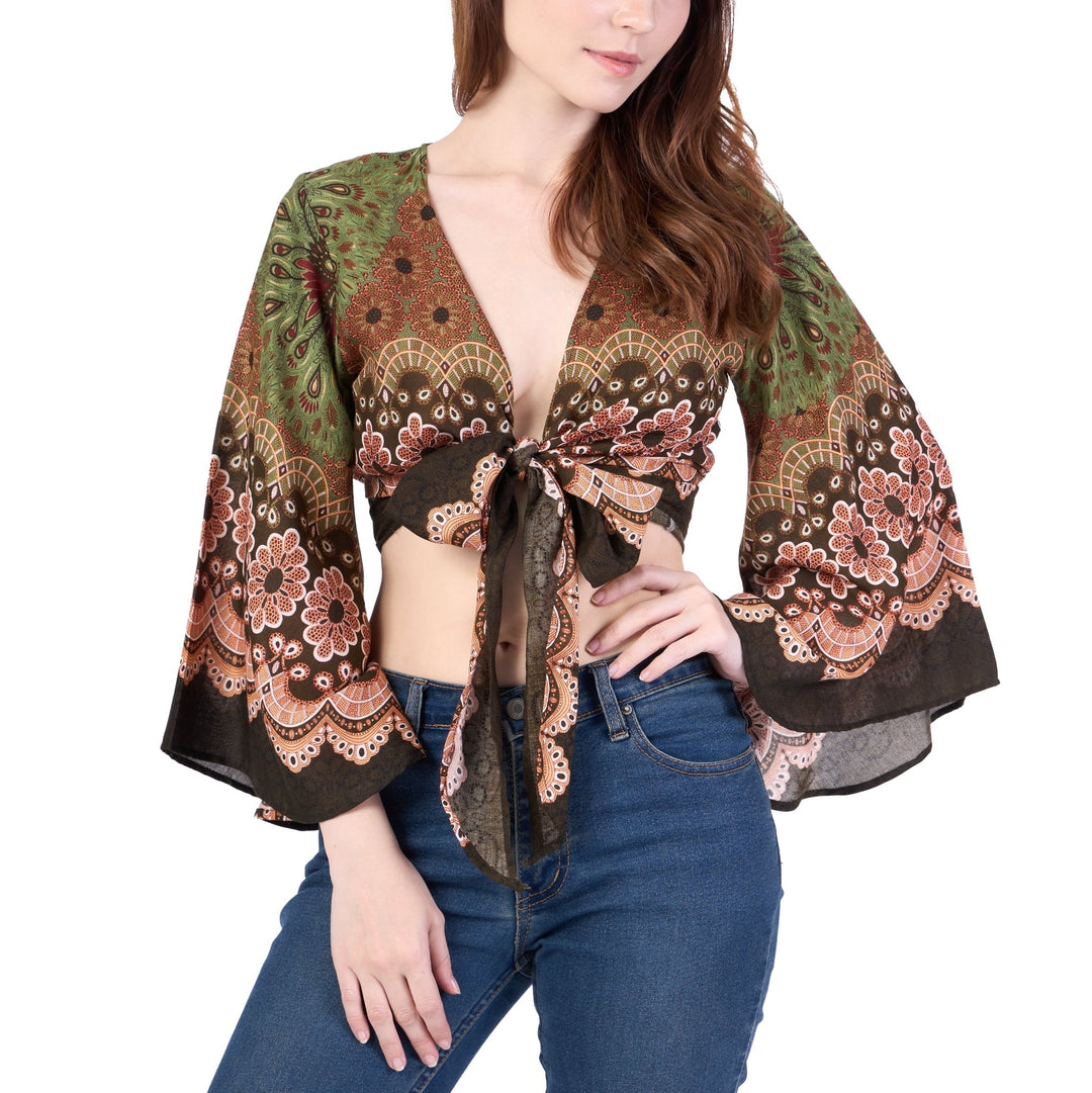 Flower Mandala Women Boho Wrap Top - Casual Shirt - Green - Lannaclothesdesign Shop