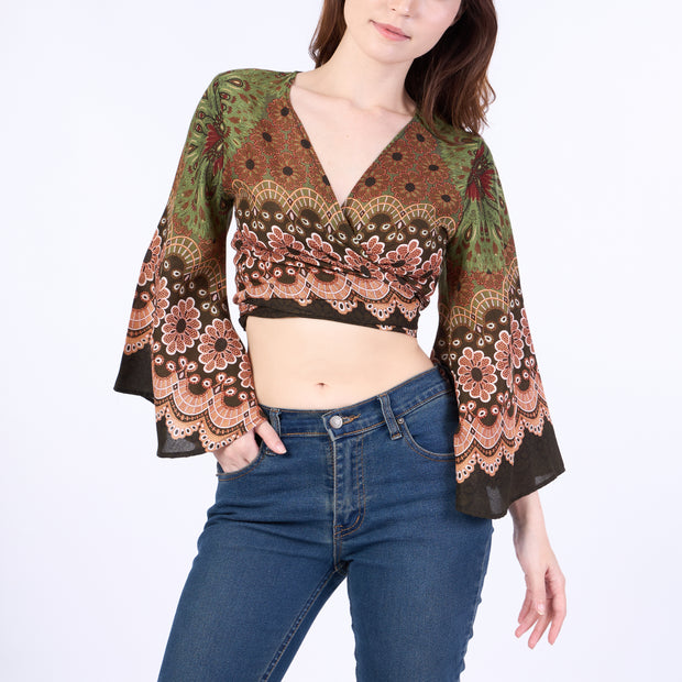 Flower Mandala Women Boho Wrap Top - Casual Shirt - Green