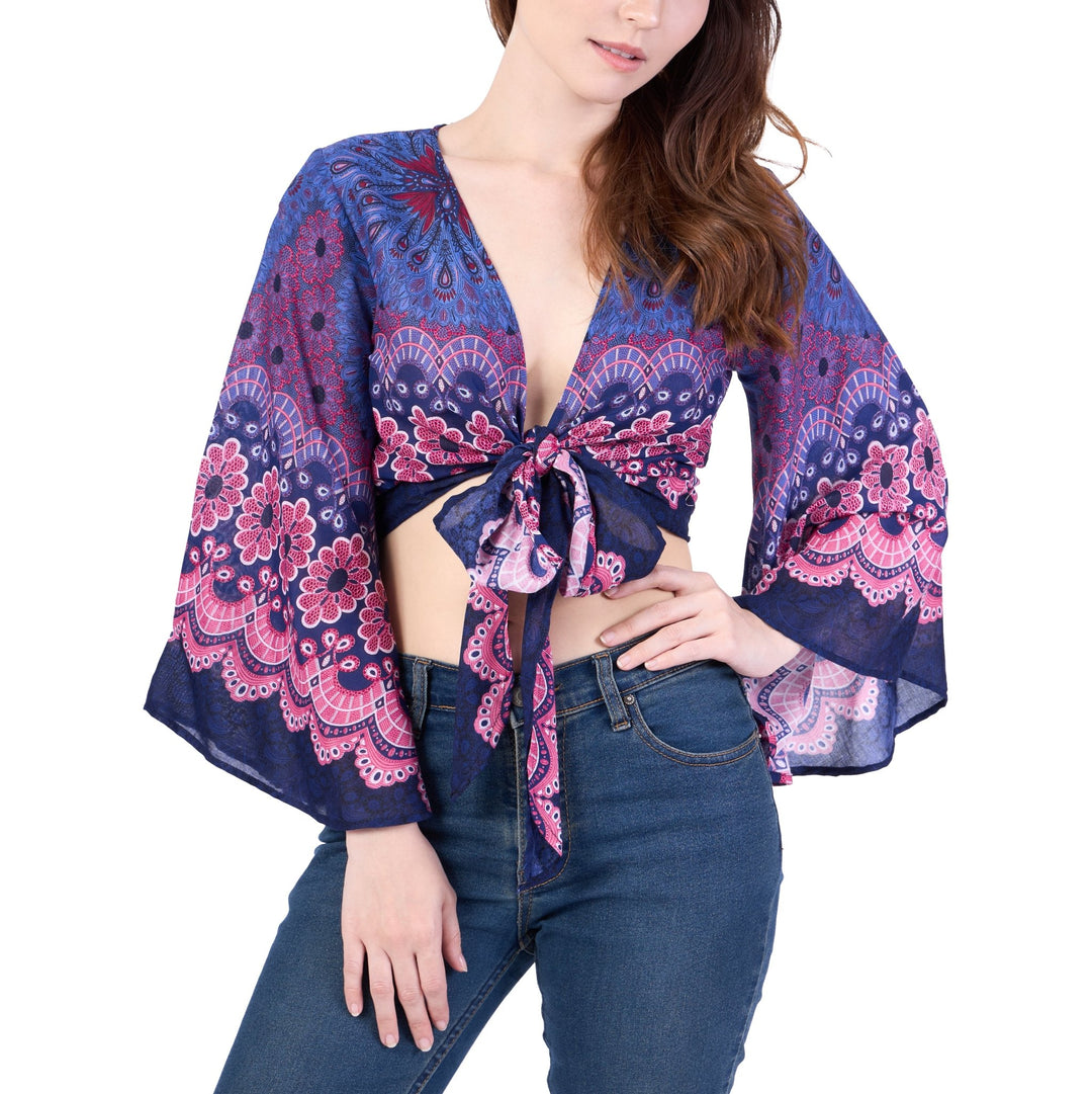 Flower Mandala Women Boho Wrap Top - Casual Shirt - Dark Blue - Lannaclothesdesign Shop