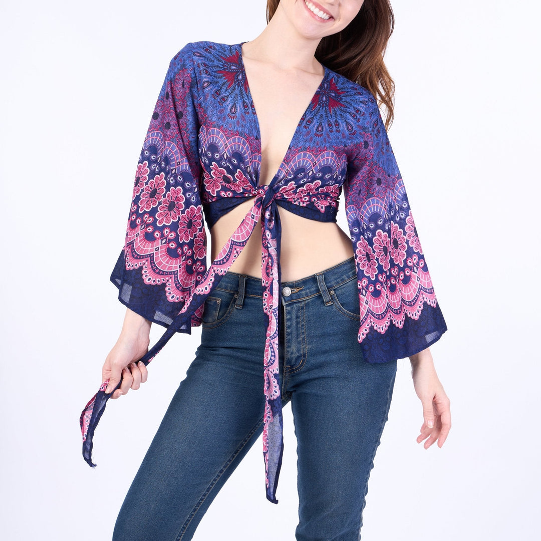 Flower Mandala Women Boho Wrap Top - Casual Shirt - Dark Blue - Lannaclothesdesign Shop