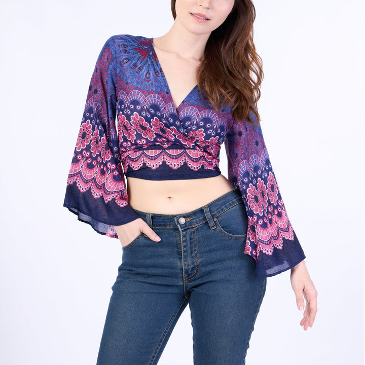 Flower Mandala Women Boho Wrap Top - Casual Shirt - Dark Blue - Lannaclothesdesign Shop