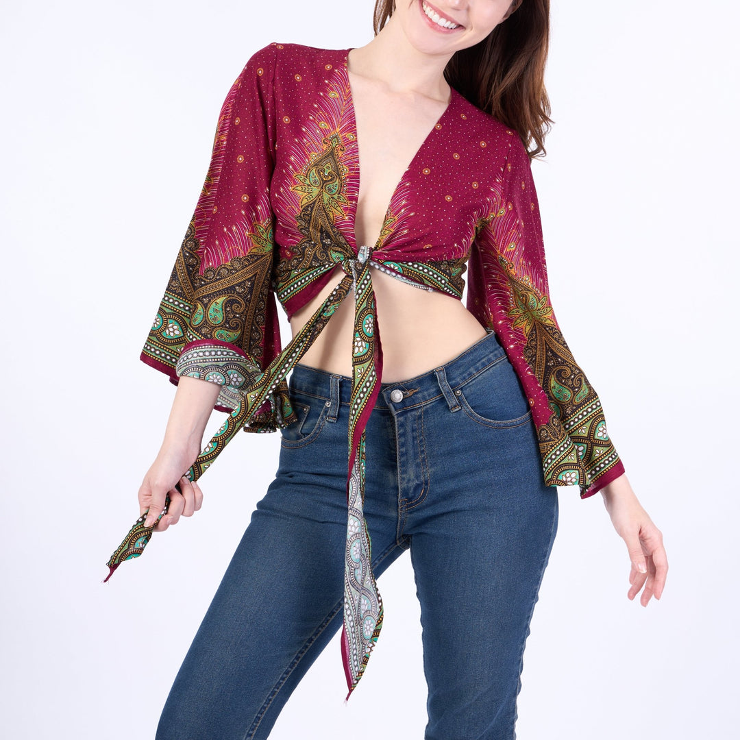 Peacock Women Boho Wrap Top - Casual Shirt - Burgundy - Lannaclothesdesign Shop