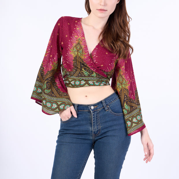 Peacock Women Boho Wrap Top - Casual Shirt - Burgundy