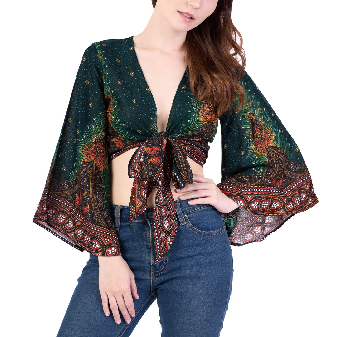 Peacock Women Boho Wrap Top - Casual Shirt - Green - Lannaclothesdesign Shop