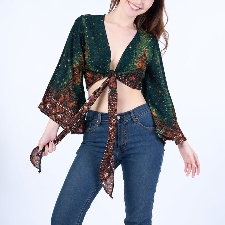 Peacock Women Boho Wrap Top - Casual Shirt - Green - Lannaclothesdesign Shop